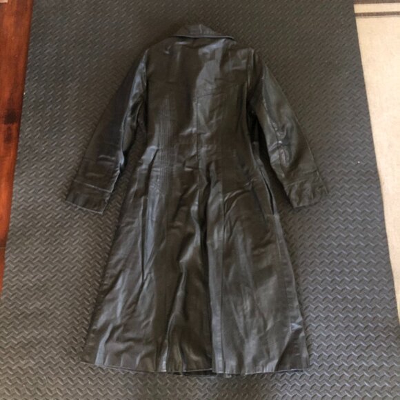 VINTAGE BLACK LEATHER BELTED TRENCH COAT - Picture 4 of 4